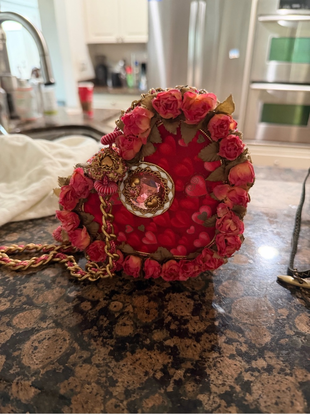 Mary Frances Red Floral Heart Mini Bag with Gold Chain